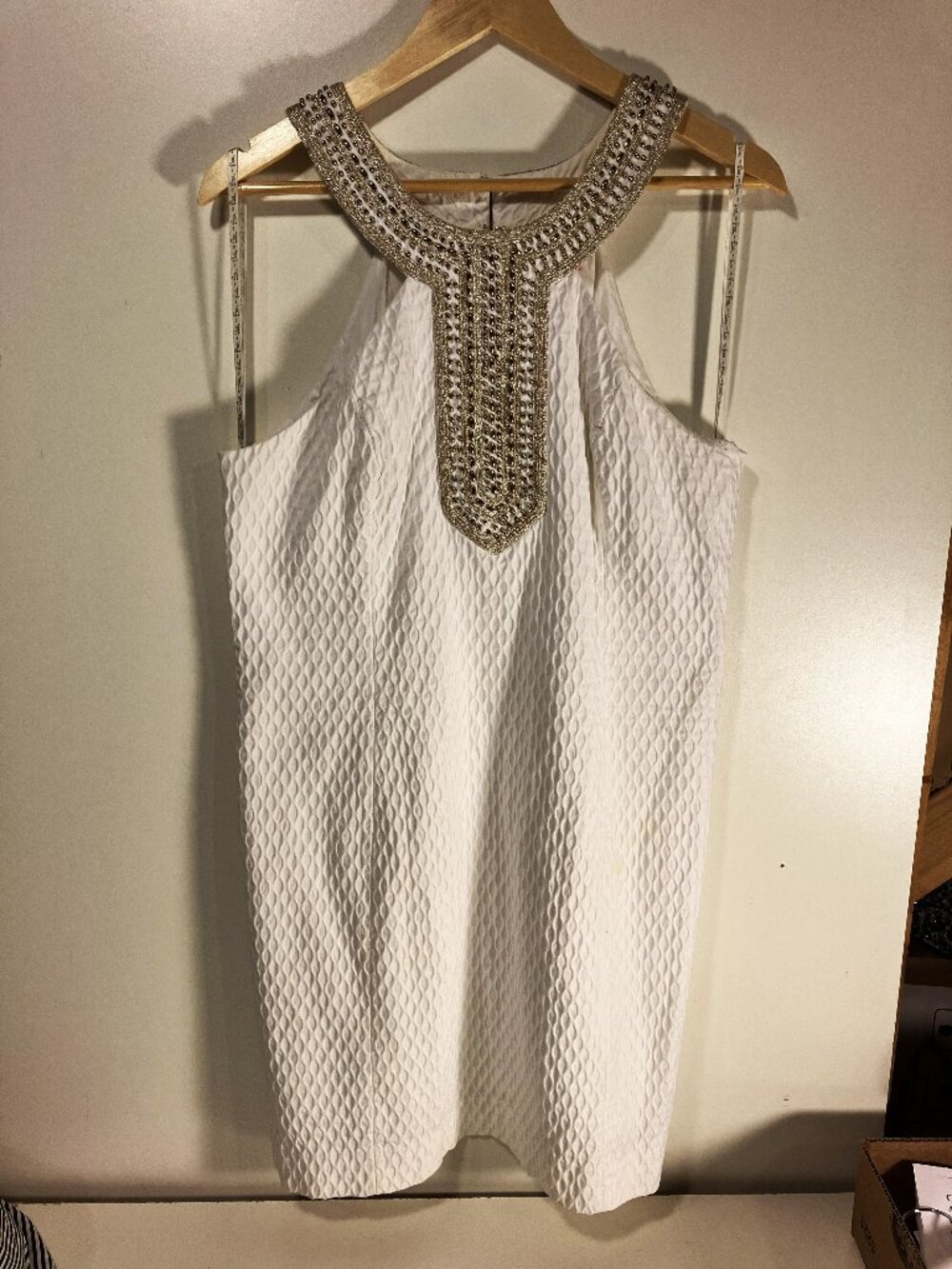 LILLY PULITZER Adelina White Shift Dress.  Sleeveless w/ Gold-Bead Neck. Size 12